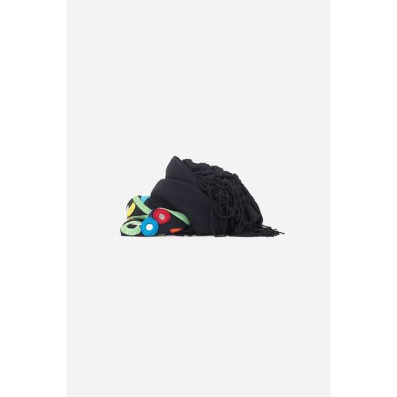Moschino Black Shear Tassel Scarf Embroidered Flowers - Picture 1 of 3